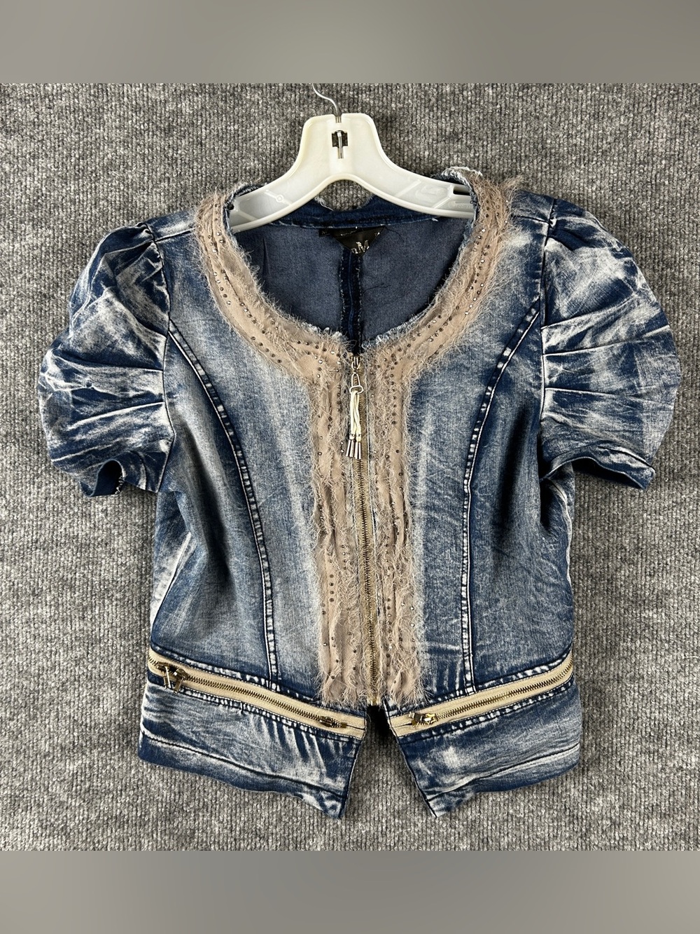 HanMai Acid Wash Denim Rhinestone Shaggy Trim Zip Crop Top Size Medium M